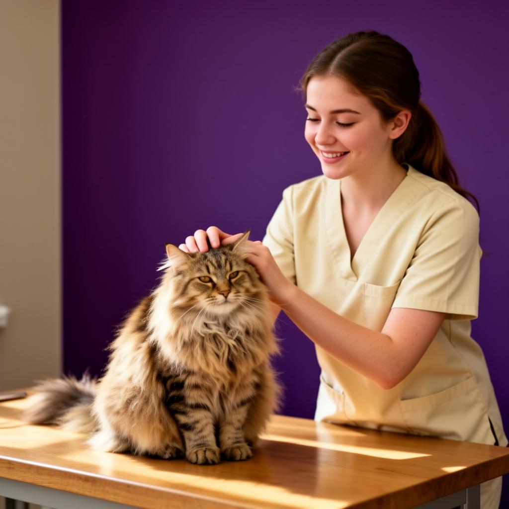 Vet gently examining a long-haired cat