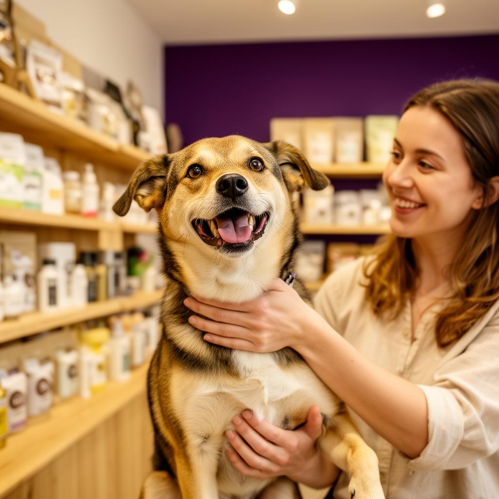 Independent pet shop owner with rescue dog
