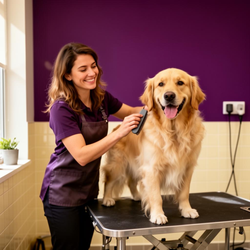 Dog groomer brushing a golden retriever